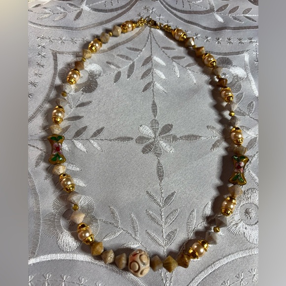 Gina’s Beadiful Accessories Jewelry - Indonesian Jasper Pearl and Cloisonné beaded Necklace 19 inches